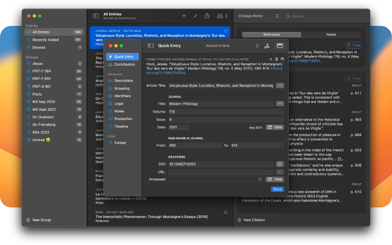 A screenshot of Citato, in dark mode, on a colorful background. The main window is showing with, over it, a smaller window presenting various fields (title, volume, issue, etc.) to enter or edit a reference entry.