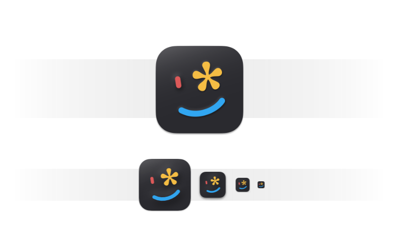 Citato’s icon: a red, yellow, and blue smiley face, with a winking asterisk eye, on a black background. The design is shown at various sizes.