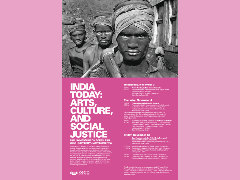 A poster with a black and white photographs of three Indian miners at the top and two columns of text set in white over magenta at the bottom. The title of the event advertised is “India Today: Arts, Culture, and Social Justice.”
