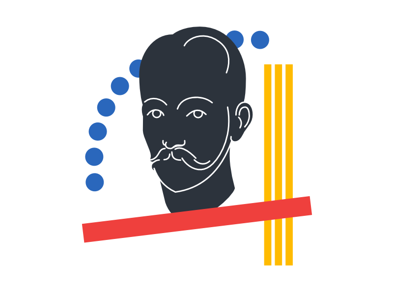 HyperEssays’s logo: a stylized portrait of Michel de Montaigne, in black, surrounded by three elements: a circular line of blue dots, three vertical yellow lines, and a diagonal red line.