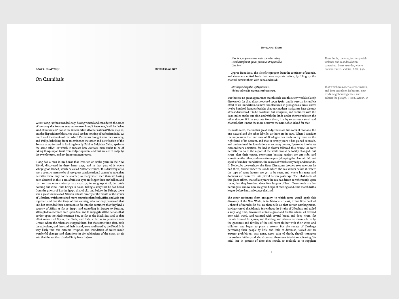 A double-page spread of black text on white paper. One column, on the left, has Montaigne’s text while a narrow column, on the right, has notes.