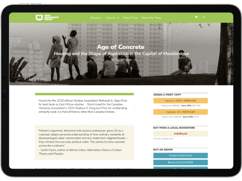 Screenshot of ohioswallow.com showing a book description of “Age of Concrete” by David Morton. The page features a large black and white photograph of a group of Mozambican women in front of high-rise buildings.