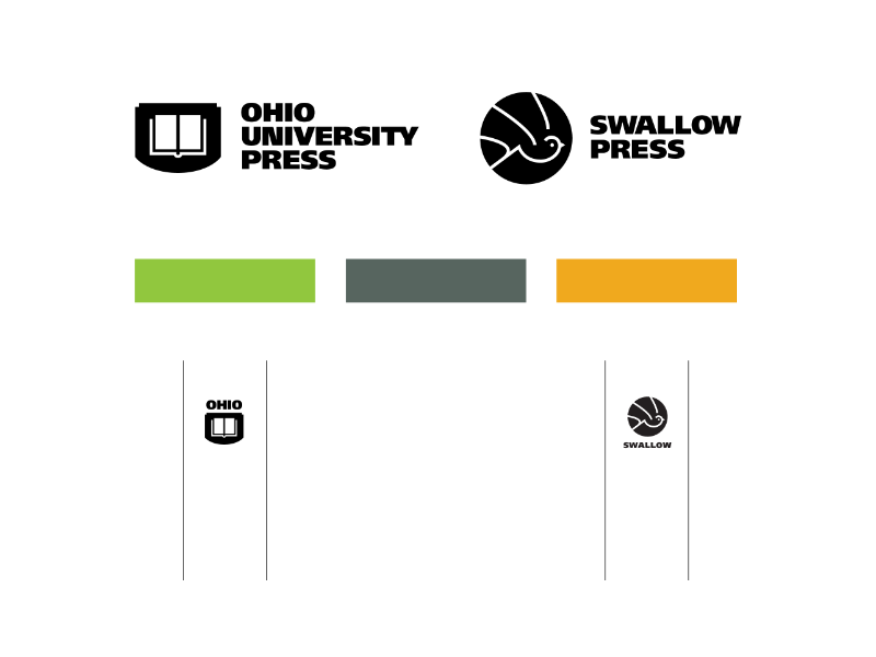 The major elements of Ohio University Press and Swallow Press’s identity: three colors (light green, grey green, and yellow) and two black and white logos, one representing an open book and the other a stylized swallow.