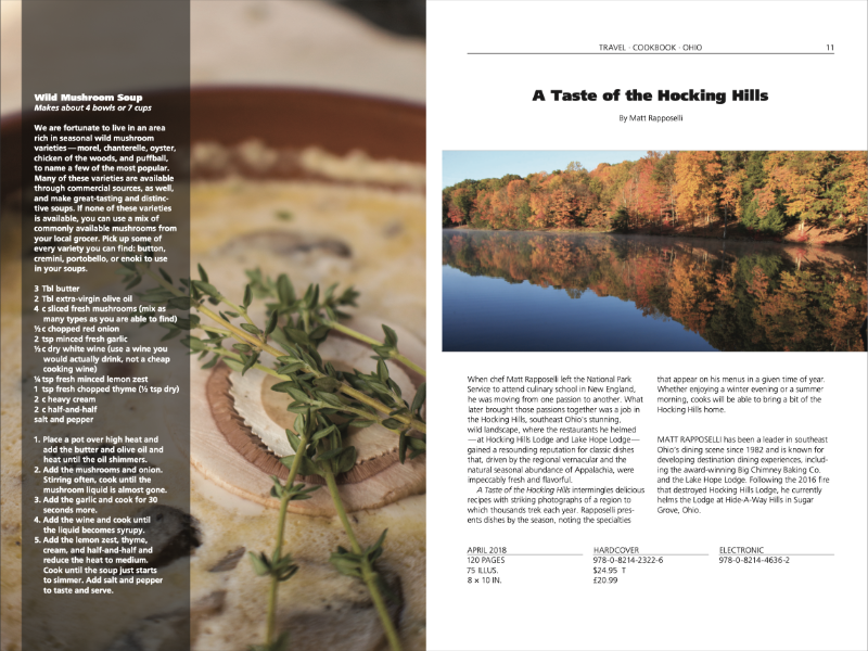 A two-page color spread showing, on the verso, a large, close-up photograph of a bowl of wild mushroom soup and, on the recto, the description of a book, “A Taste of the Hocking Hills,” with an accompanying photograph showing an autumn tree line reflected in a lake.
